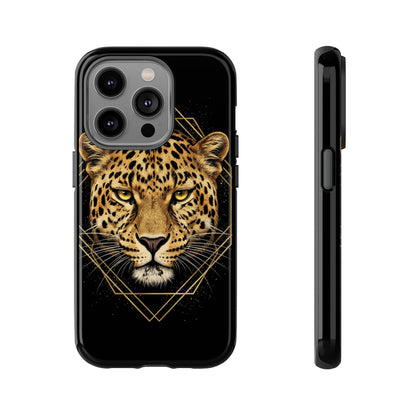 Leopard Head Geometric Phone Case – Black & Gold Luxe Tough Case