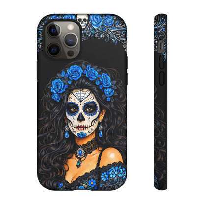 Blue Sugar Skull Woman Phone Case – Day of the Dead Aesthetic Tough Cover