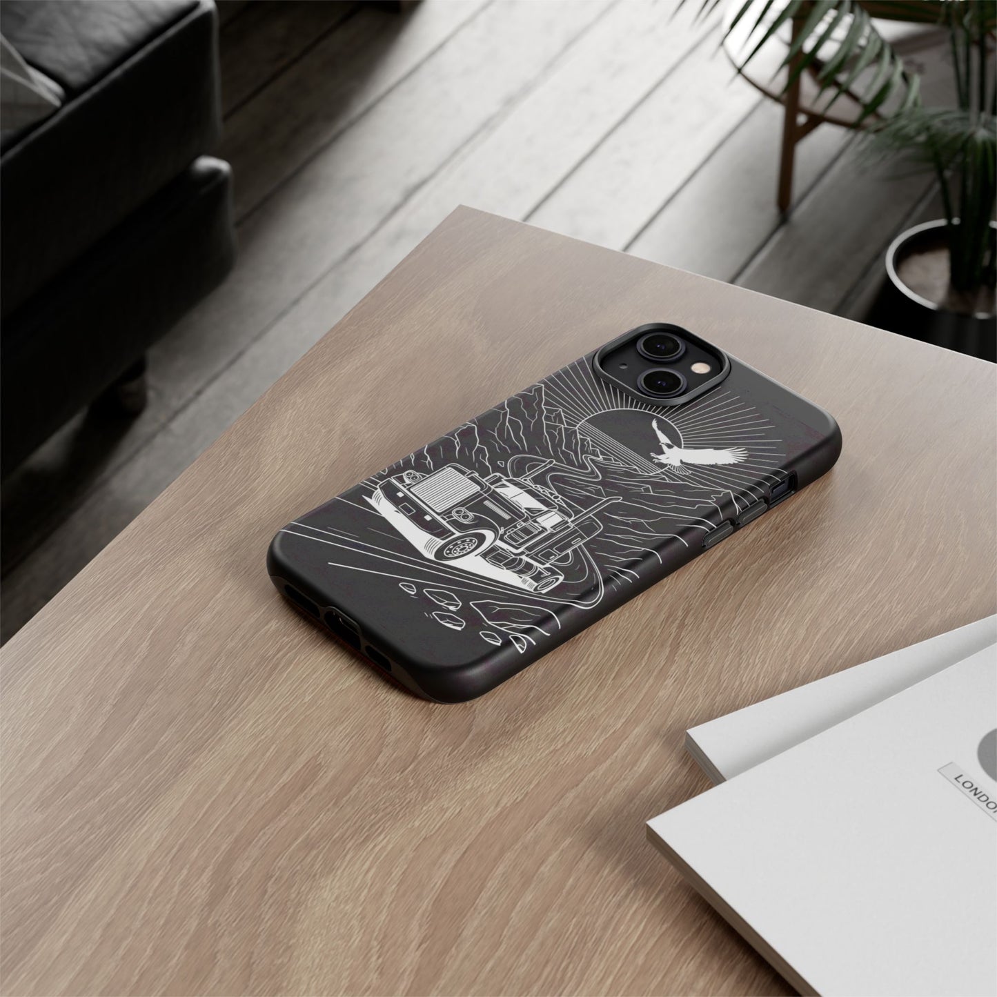 Trucker Highway Phone Case | Eagle & Mountain Line Art | Black Western Tough Case