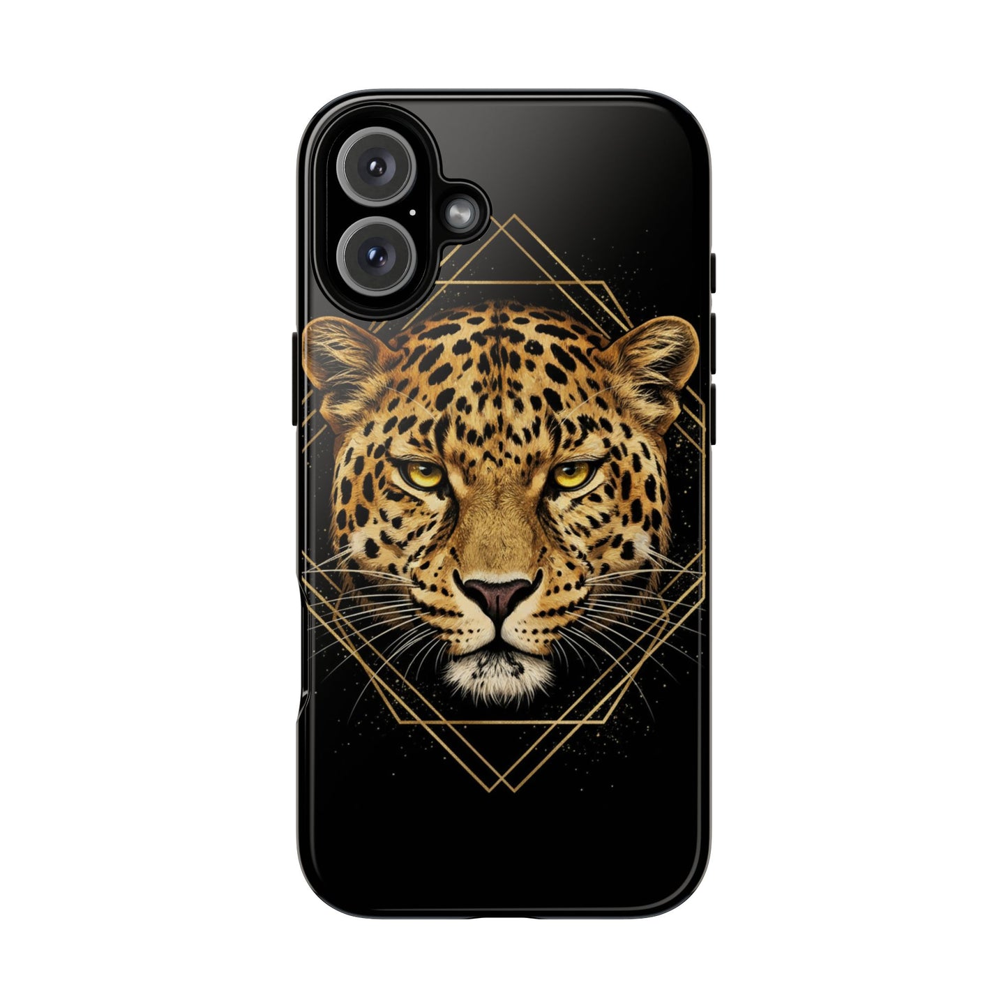 Leopard Head Geometric Phone Case – Black & Gold Luxe Tough Case
