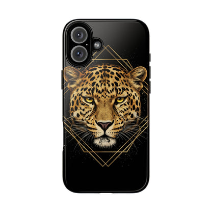 Leopard Head Geometric Phone Case – Black & Gold Luxe Tough Case