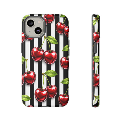Cherry Pattern Phone Case Black White Stripe Retro Aesthetic Tough Cover