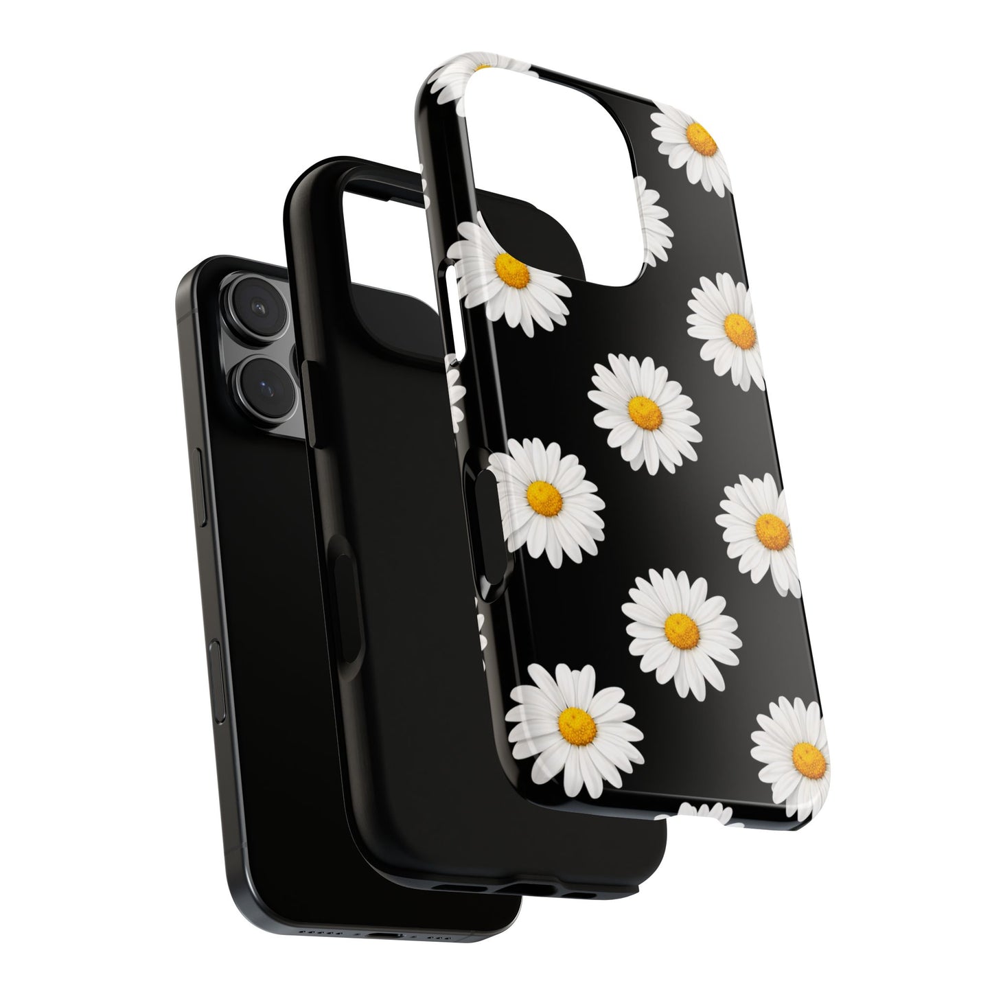 Black Daisy Floral Tough Phone Case – Cute Protective Cover for Iphone, Samsung Galaxy and Pixel