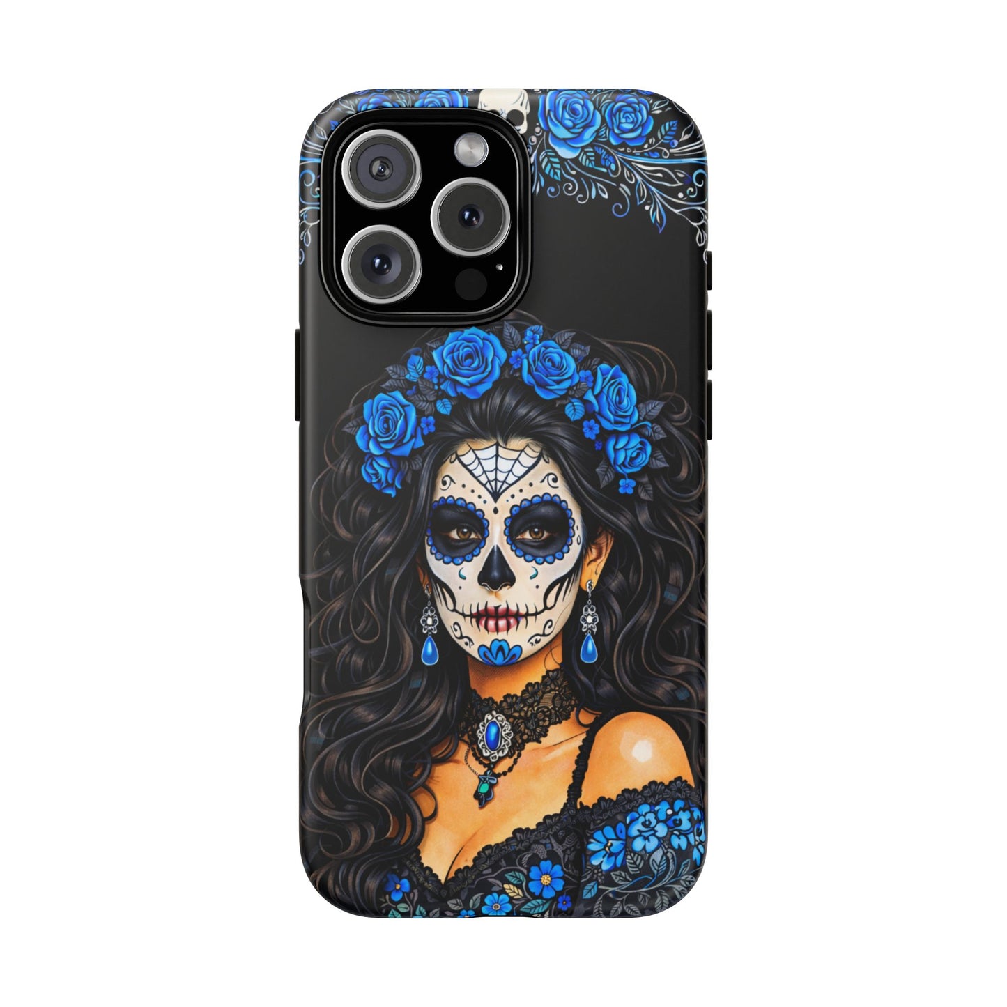 Blue Sugar Skull Woman Phone Case – Day of the Dead Aesthetic Tough Cover