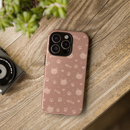 Cute Cat Pattern Phone Case | Paw Prints, Fishbone & Yarn Design Tough Case