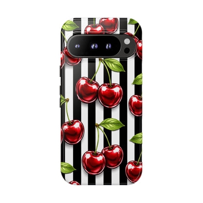 Cherry Pattern Phone Case Black White Stripe Retro Aesthetic Tough Cover