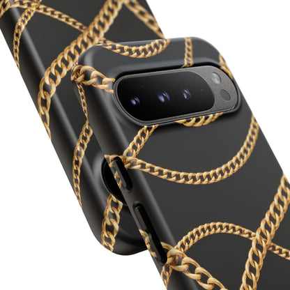 Luxury Gold Chain Phone Case – Black Designer Style Tough Protective Cover for Iphone, Samsung Galaxy and Pixel