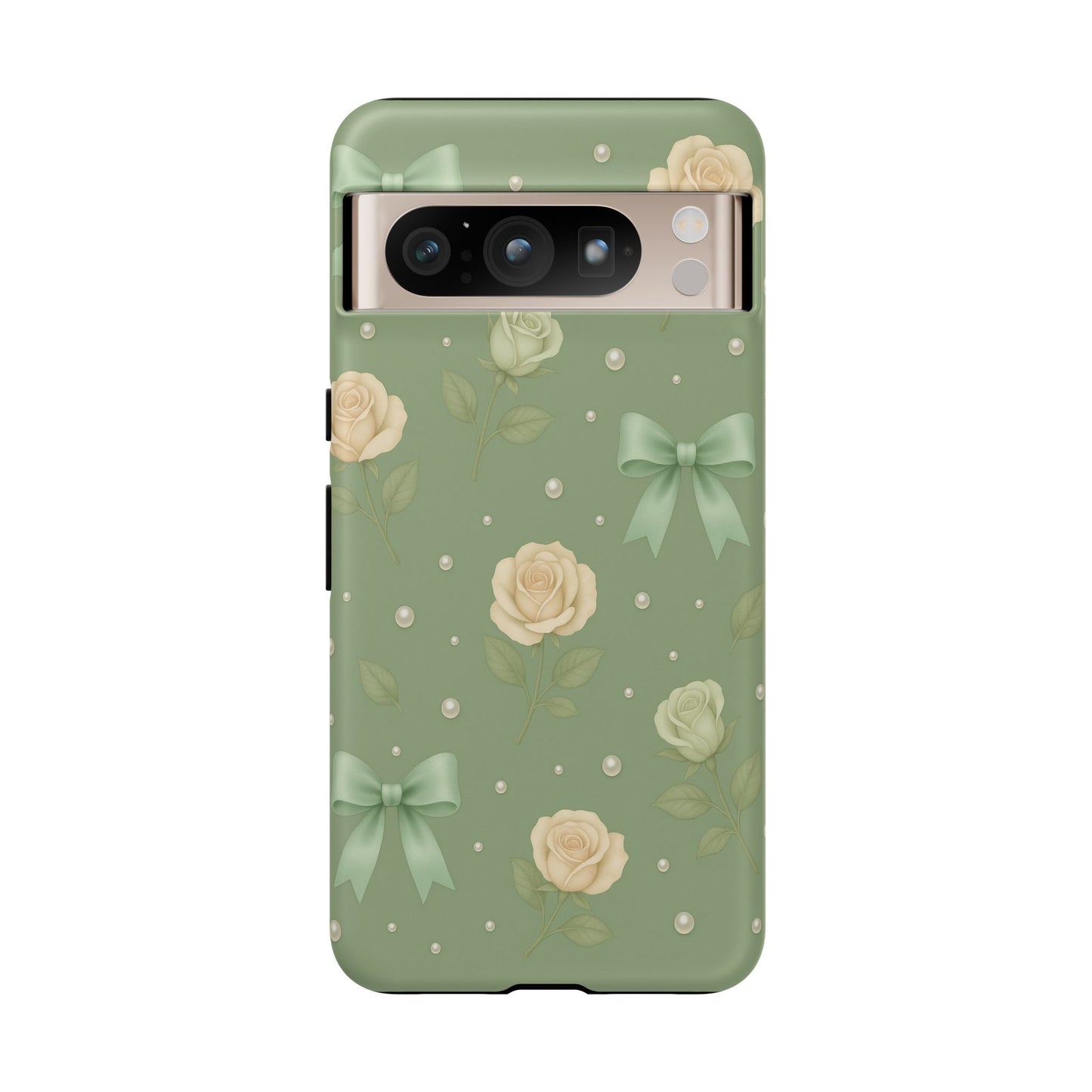 Vintage Rose Bow Phone Case – Sage Green Floral Coquette Aesthetic Tough Case (iPhone, Samsung, Pixel)
