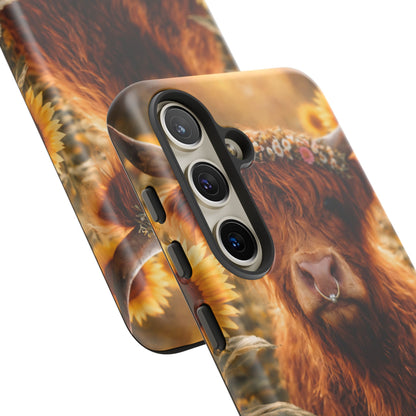Highland Cow Sunflower Phone Case | Floral Farmhouse iPhone, Samsung Galaxy and Pixel Cover