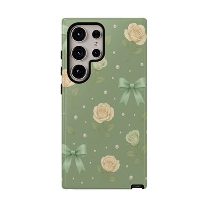 Vintage Rose Bow Phone Case – Sage Green Floral Coquette Aesthetic Tough Case (iPhone, Samsung, Pixel)