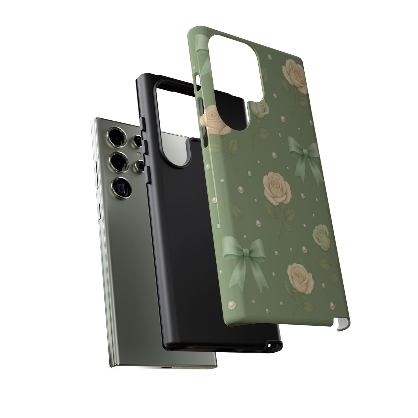Vintage Rose Bow Phone Case – Sage Green Floral Coquette Aesthetic Tough Case (iPhone, Samsung, Pixel)