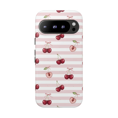 Pink Cherry Stripe Phone Case | Cute Coquette Aesthetic Protective Tough Case