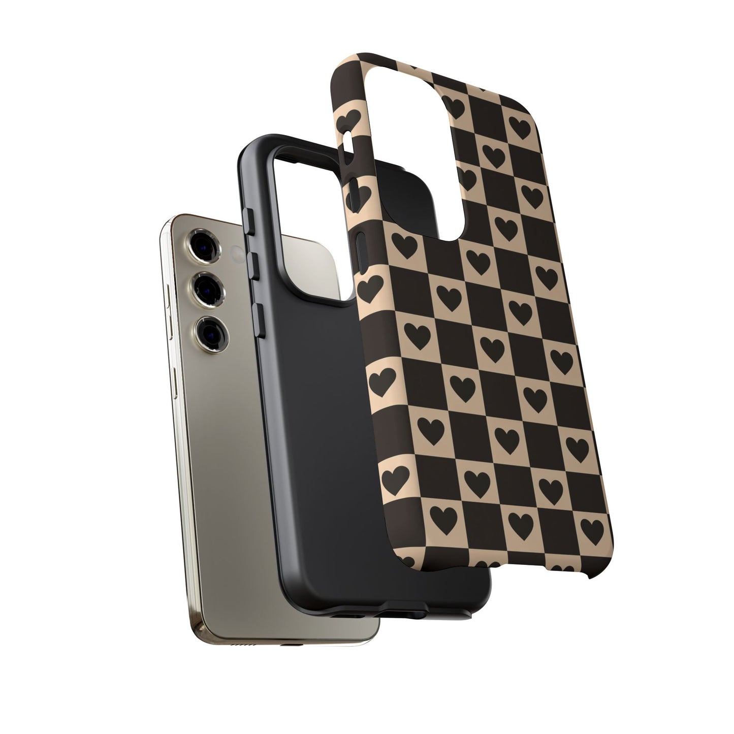 Checkerboard Heart Phone Case – Black & Beige Cute Aesthetic Protective Cover for Iphone, Samsung Galaxy and Pixel