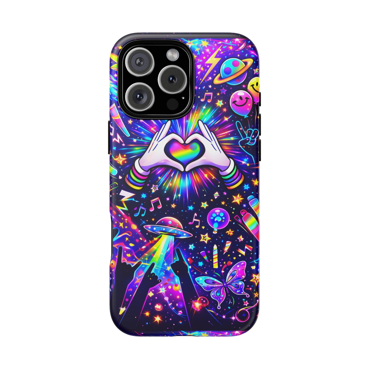 Rainbow Heart Hands Phone Case – Neon Galaxy EDM Festival Tough Cover