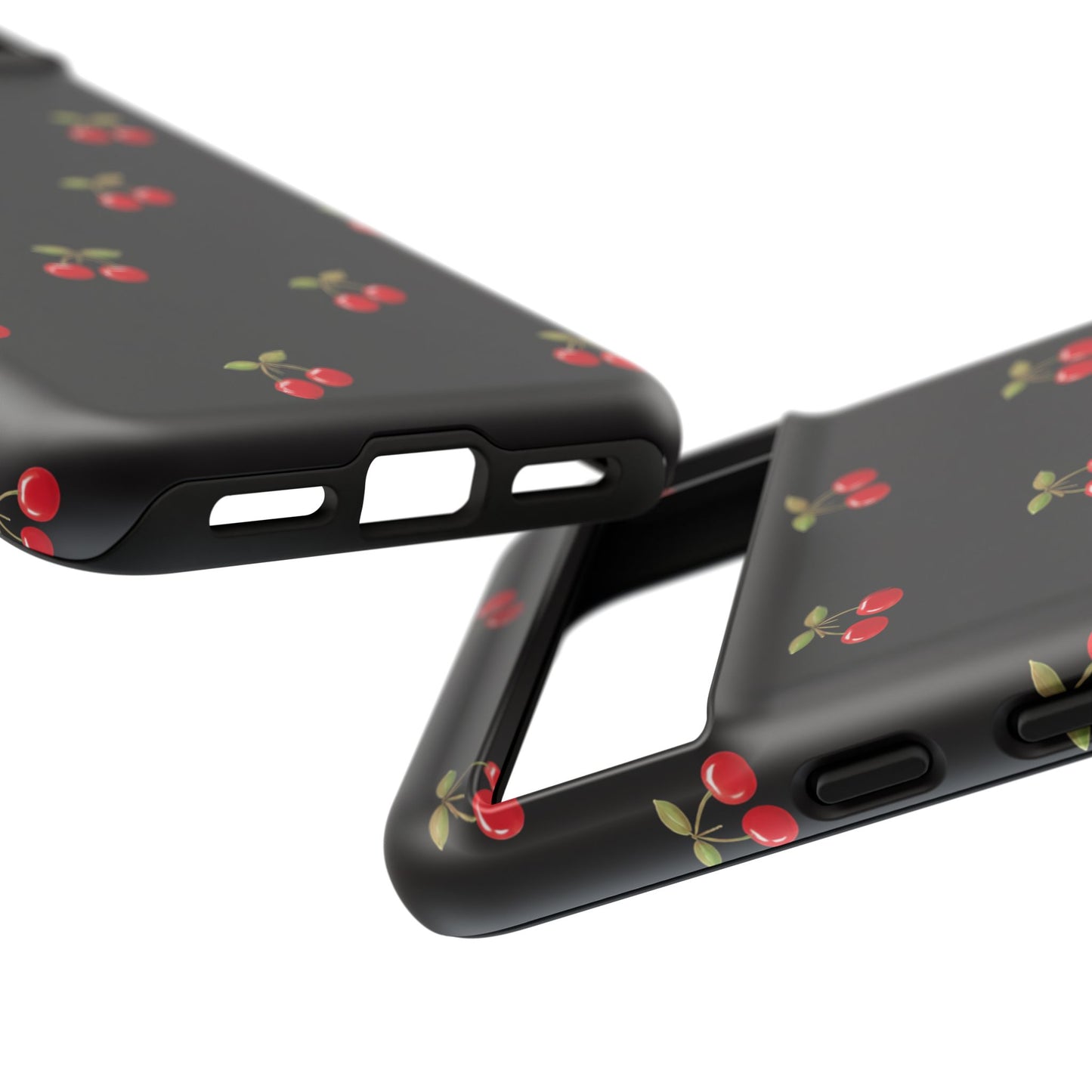 Cherry Pattern Phone Case — Slim Black Protective iPhone Case with Red Cherries for Iphone, Samsung Galaxy and Pixel