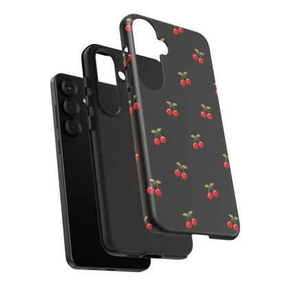Cherry Pattern Phone Case — Slim Black Protective iPhone Case with Red Cherries for Iphone, Samsung Galaxy and Pixel