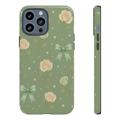 Vintage Rose Bow Phone Case – Sage Green Floral Coquette Aesthetic Tough Case (iPhone, Samsung, Pixel)