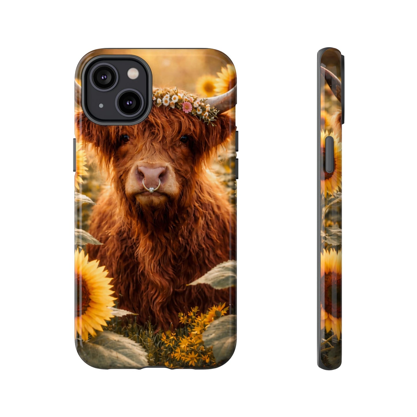Highland Cow Sunflower Phone Case | Floral Farmhouse iPhone, Samsung Galaxy and Pixel Cover