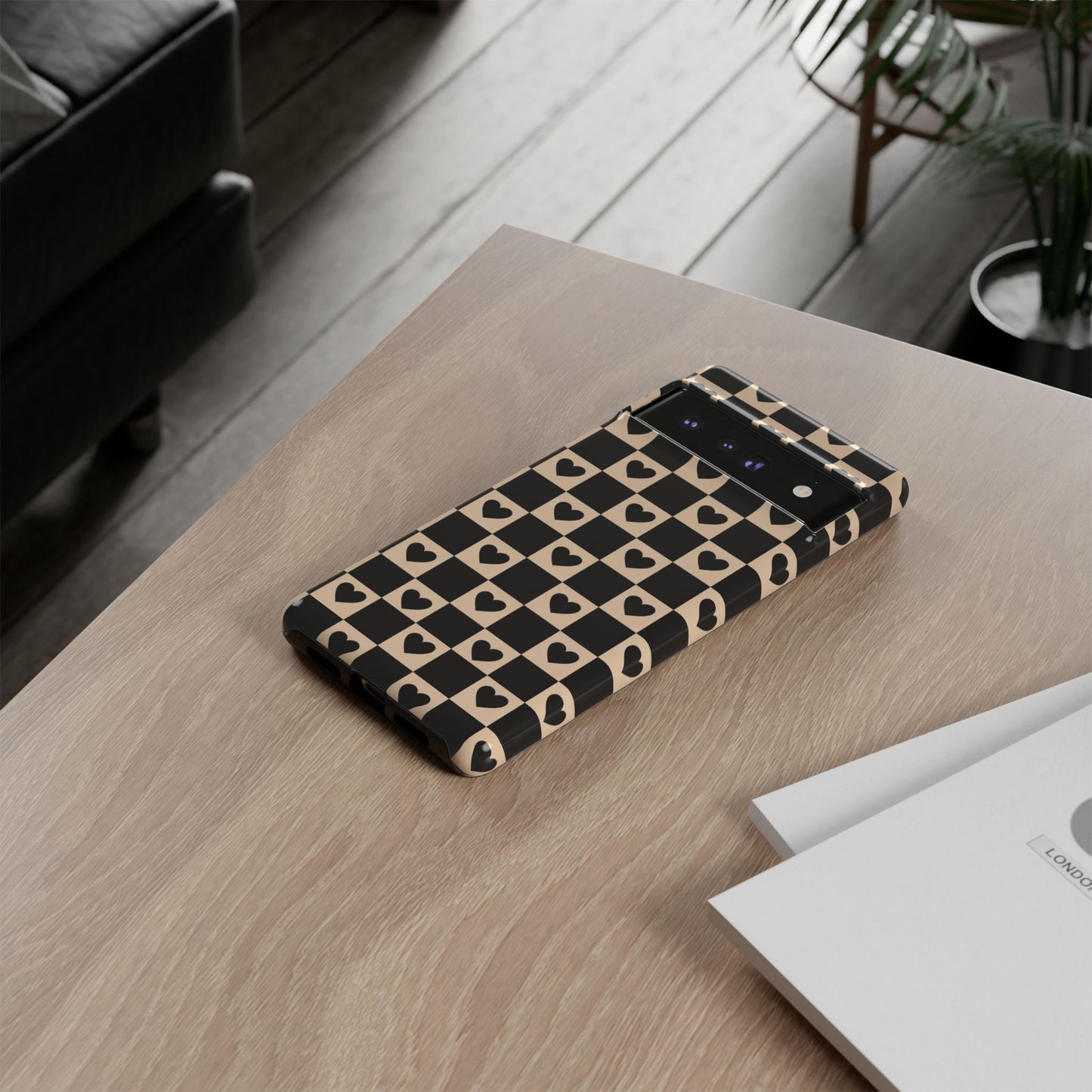 Checkerboard Heart Phone Case – Black & Beige Cute Aesthetic Protective Cover for Iphone, Samsung Galaxy and Pixel