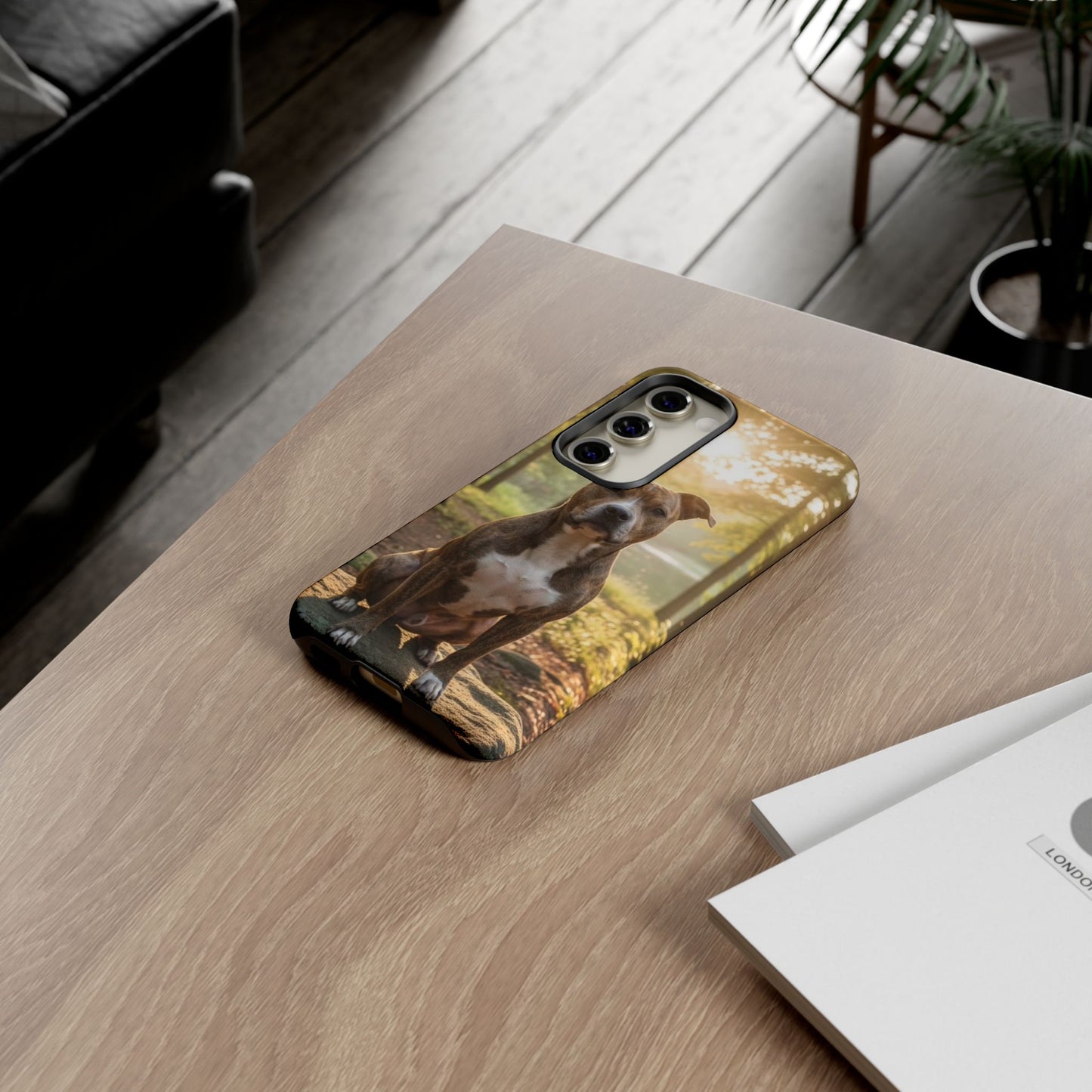 Pitbull Portrait Phone Case | Dog Lover Tough Case, Sunset Forest