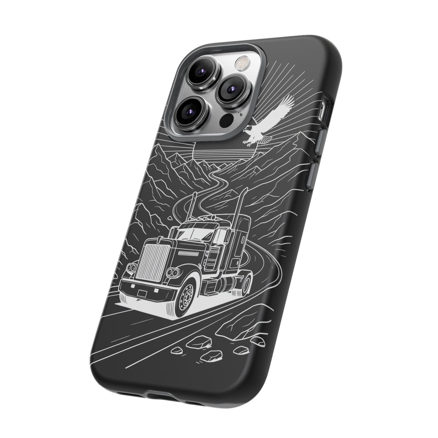 Trucker Highway Phone Case | Eagle & Mountain Line Art | Black Western Tough Case