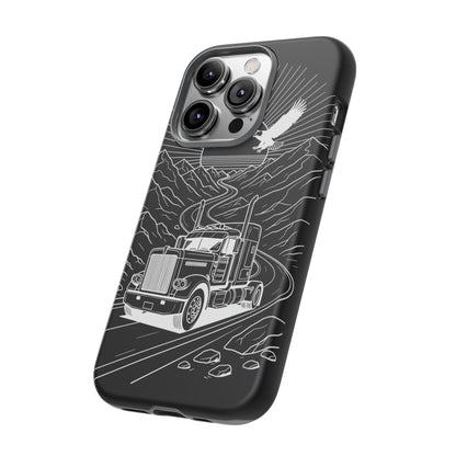 Trucker Highway Phone Case | Eagle & Mountain Line Art | Black Western Tough Case