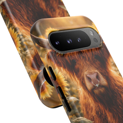 Highland Cow Sunflower Phone Case | Floral Farmhouse iPhone, Samsung Galaxy and Pixel Cover