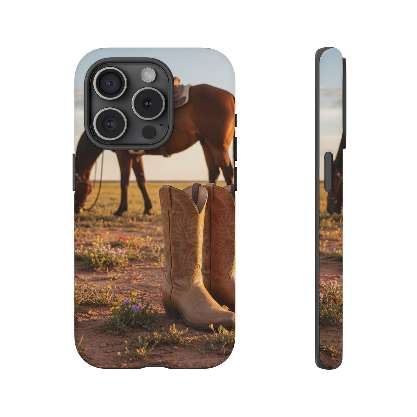 Western Cowboy Boots Phone Case – Rustic Horse Sunset Tough Case (iPhone, Samsung, Pixel)