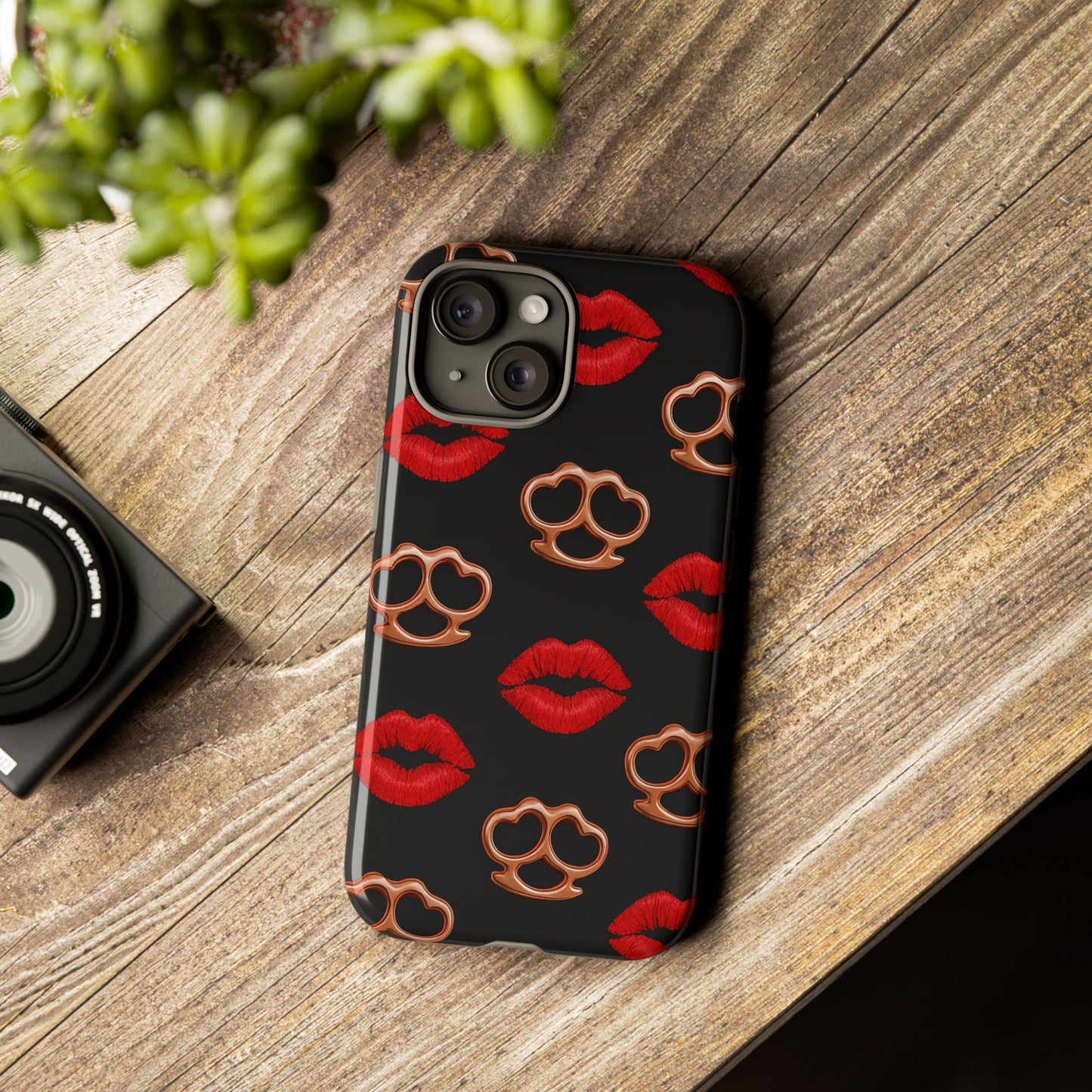 Red Lipstick & Knuckle Duster Phone Case | Bold Kiss Print Tough Protective Cover for Iphone, Samsung Galaxy and Pixel