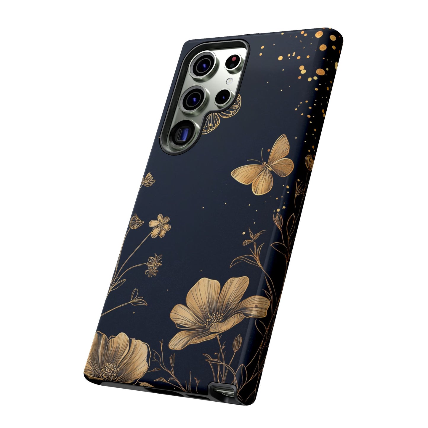 Gold Floral Butterfly Phone Case, Dark Aesthetic Botanical, Elegant Black Luxury iPhone Samsung Cover