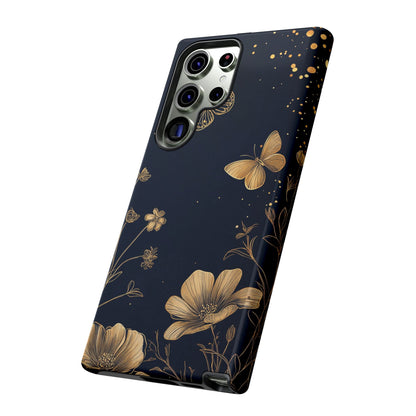 Gold Floral Butterfly Phone Case, Dark Aesthetic Botanical, Elegant Black Luxury iPhone Samsung Cover