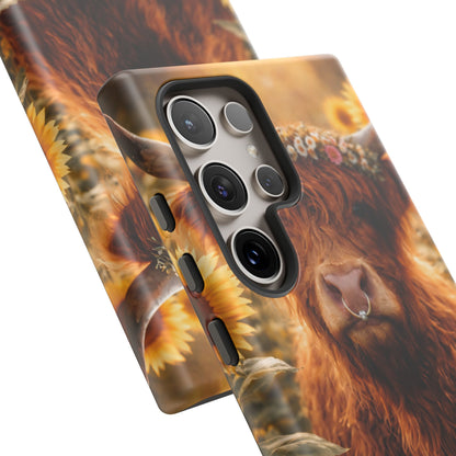Highland Cow Sunflower Phone Case | Floral Farmhouse iPhone, Samsung Galaxy and Pixel Cover