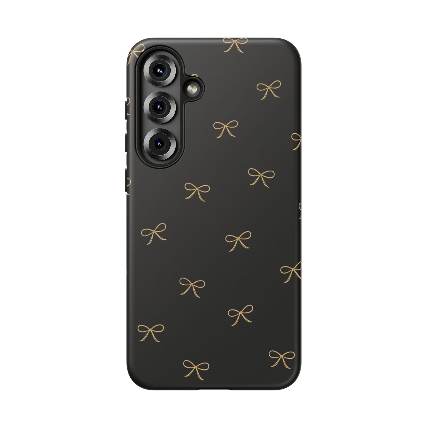 Black Phone Case with Gold Bow Pattern – Slim Protective Cute Aesthetic Cover for Iphone, Samsung Galaxy and Pixel