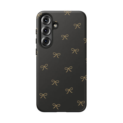 Black Phone Case with Gold Bow Pattern – Slim Protective Cute Aesthetic Cover for Iphone, Samsung Galaxy and Pixel
