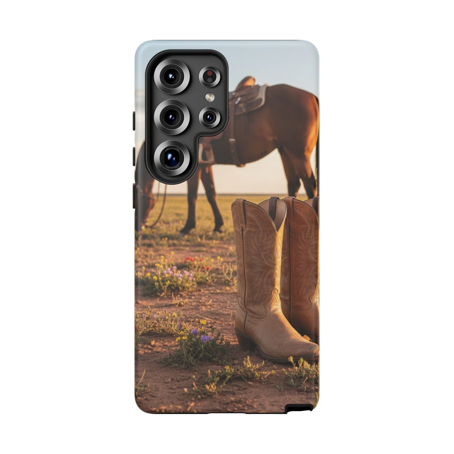 Western Cowboy Boots Phone Case – Rustic Horse Sunset Tough Case (iPhone, Samsung, Pixel)