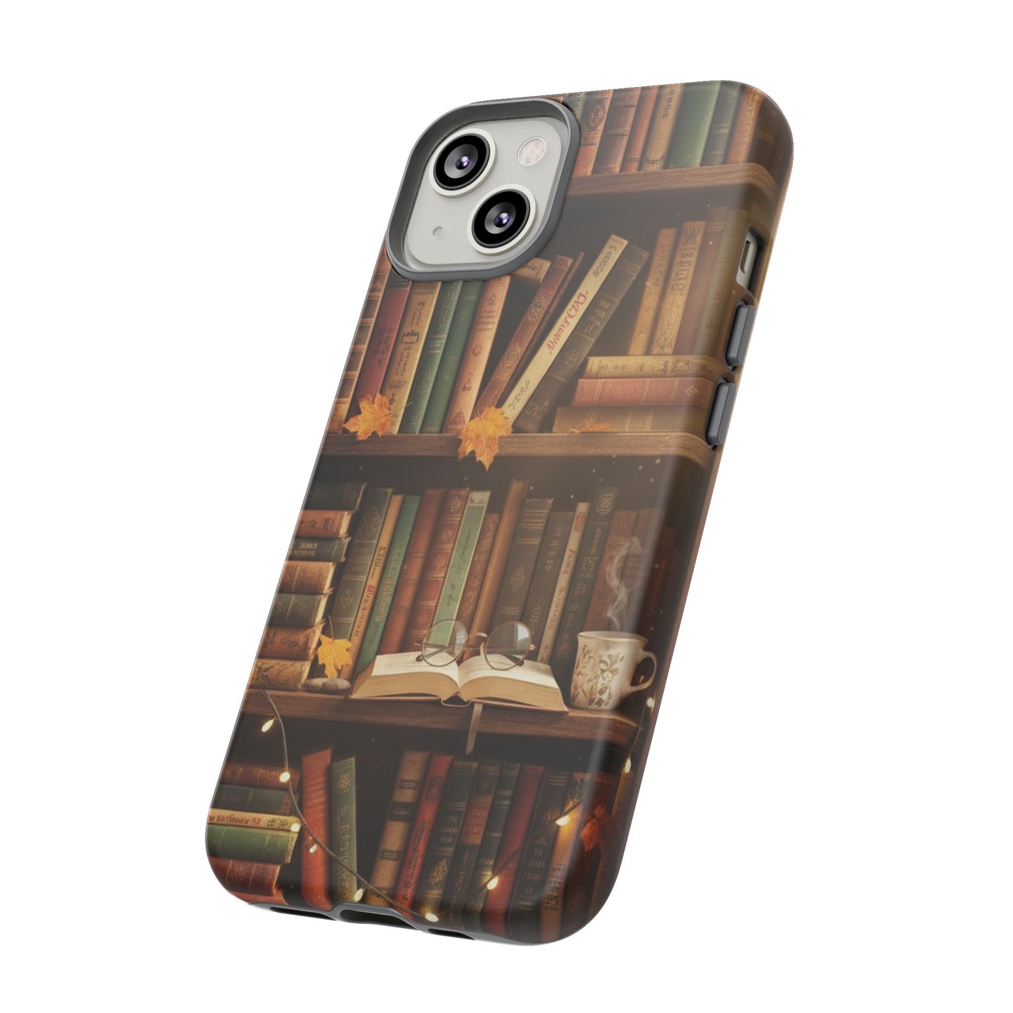 Cozy Vintage Bookshelf Phone Case, Library Aesthetic Book Stack, Autumn Coffee Vibes (iPhone, Samsung, Pixel)