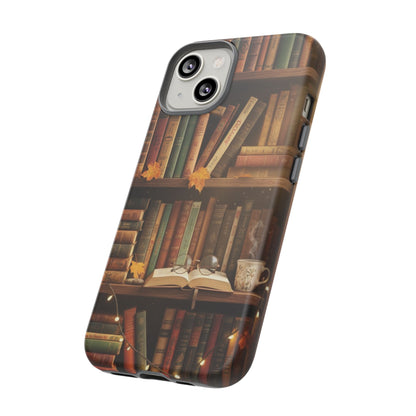 Cozy Vintage Bookshelf Phone Case, Library Aesthetic Book Stack, Autumn Coffee Vibes (iPhone, Samsung, Pixel)