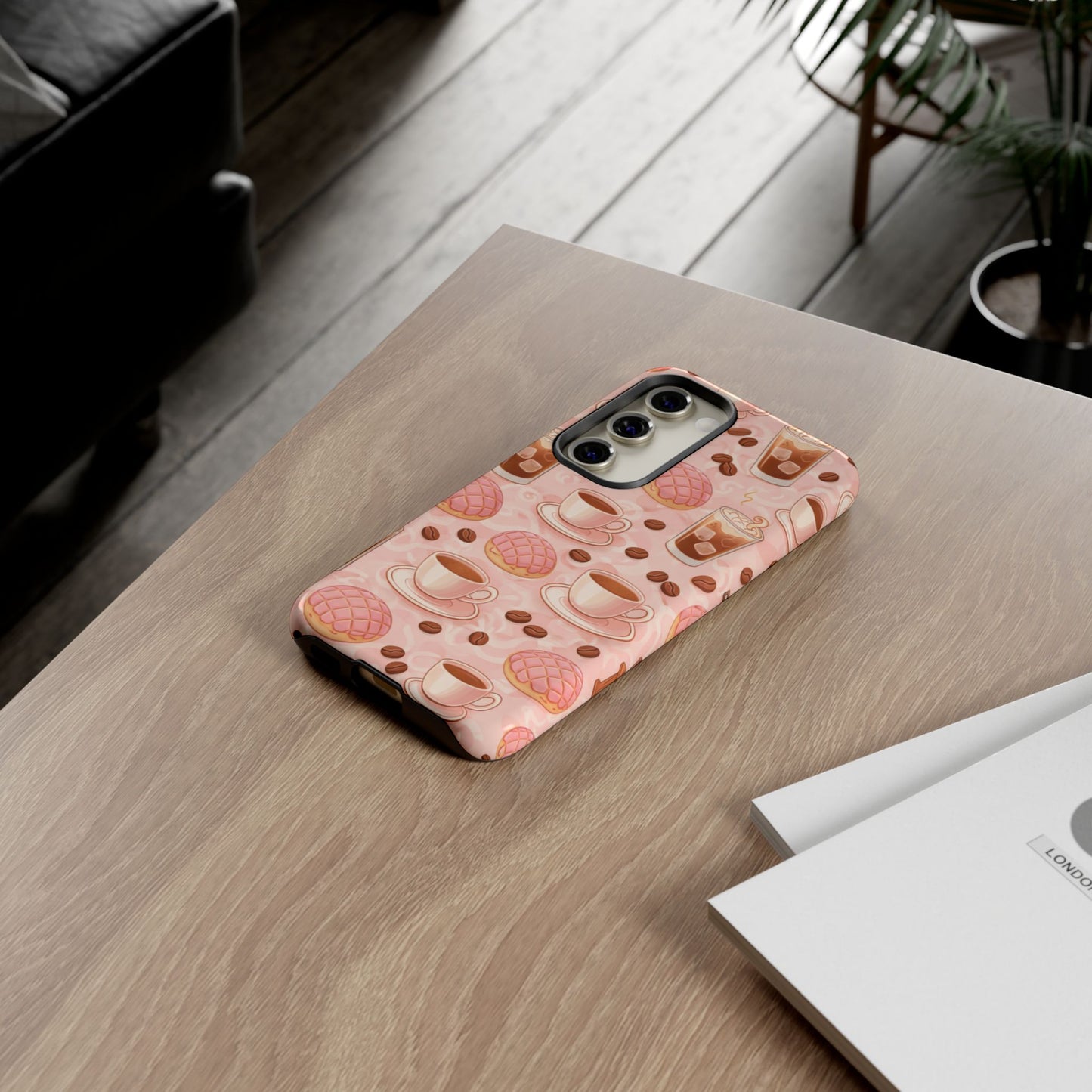 Cute Coffee & Pink Concha Phone Case – Coffee Lover Aesthetic Latte Pattern Tough Case