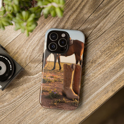 Western Cowboy Boots Phone Case – Rustic Horse Sunset Tough Case (iPhone, Samsung, Pixel)