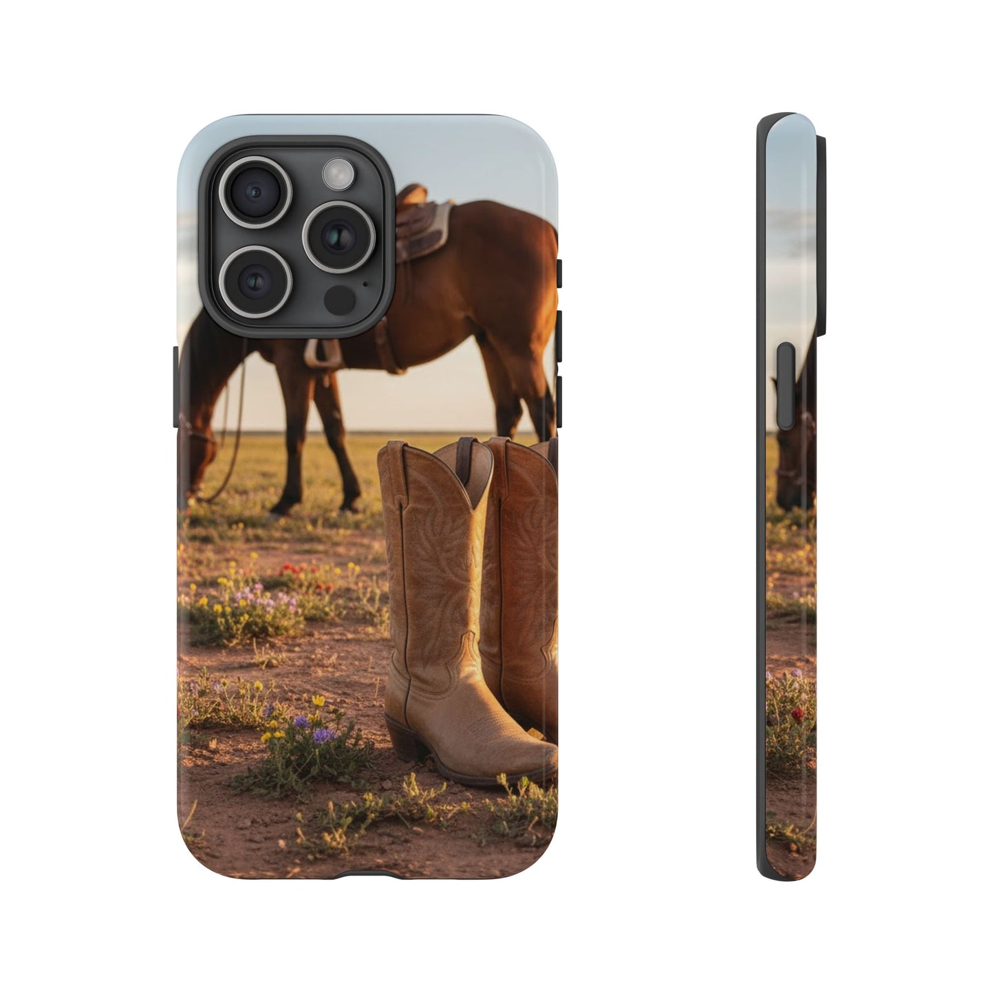 Western Cowboy Boots Phone Case – Rustic Horse Sunset Tough Case (iPhone, Samsung, Pixel)