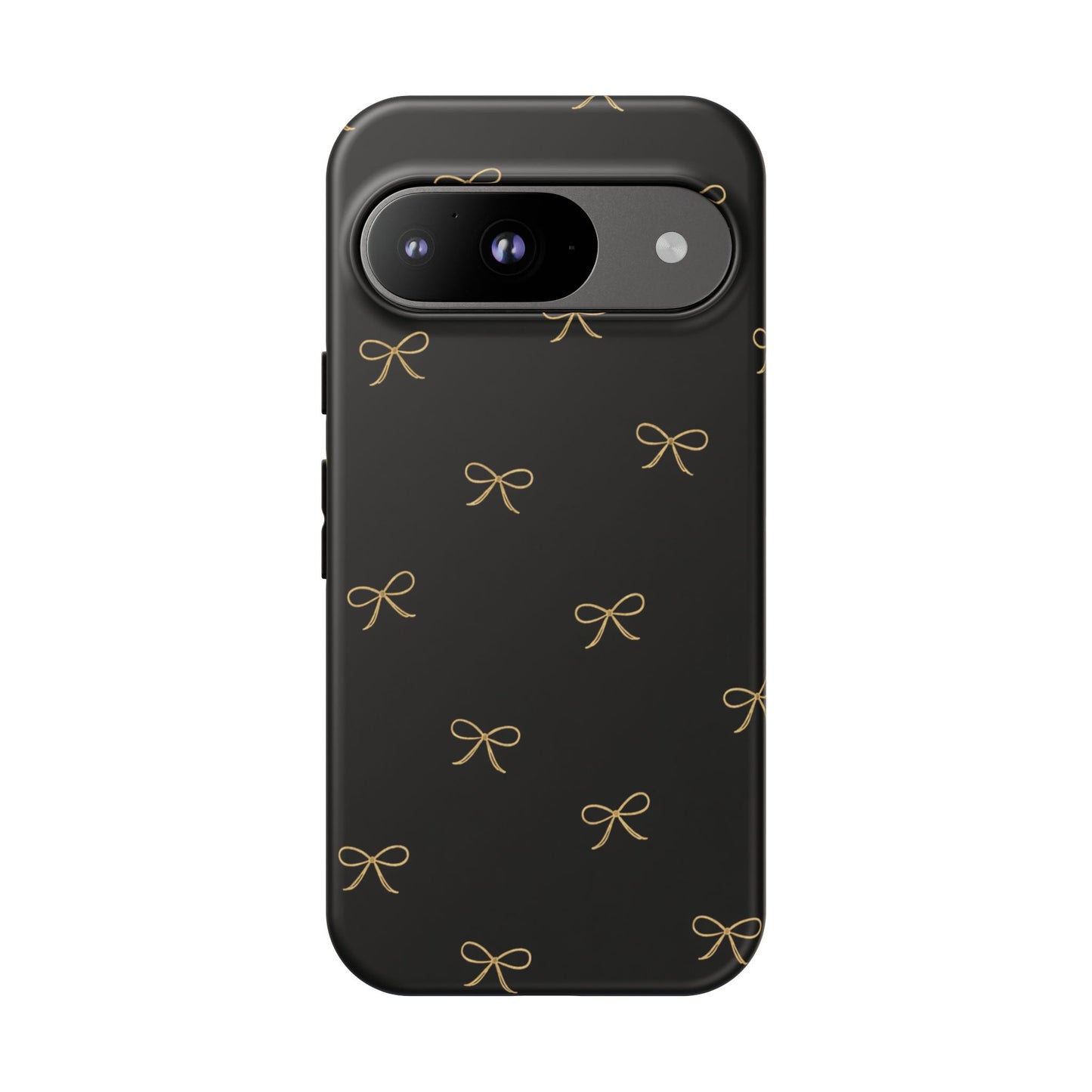 Black Phone Case with Gold Bow Pattern – Slim Protective Cute Aesthetic Cover for Iphone, Samsung Galaxy and Pixel