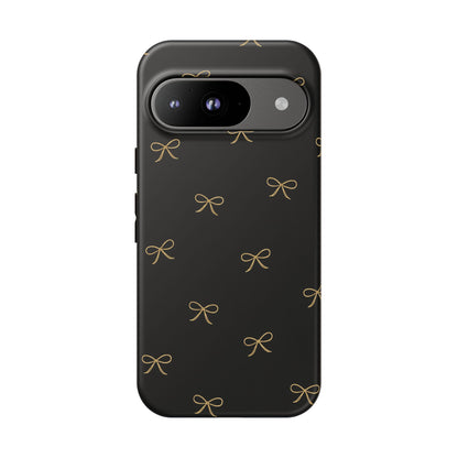 Black Phone Case with Gold Bow Pattern – Slim Protective Cute Aesthetic Cover for Iphone, Samsung Galaxy and Pixel