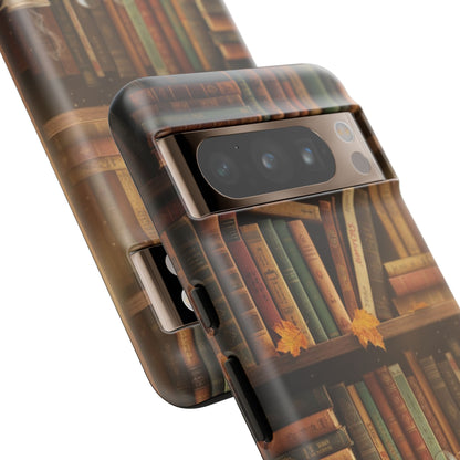 Cozy Vintage Bookshelf Phone Case, Library Aesthetic Book Stack, Autumn Coffee Vibes (iPhone, Samsung, Pixel)