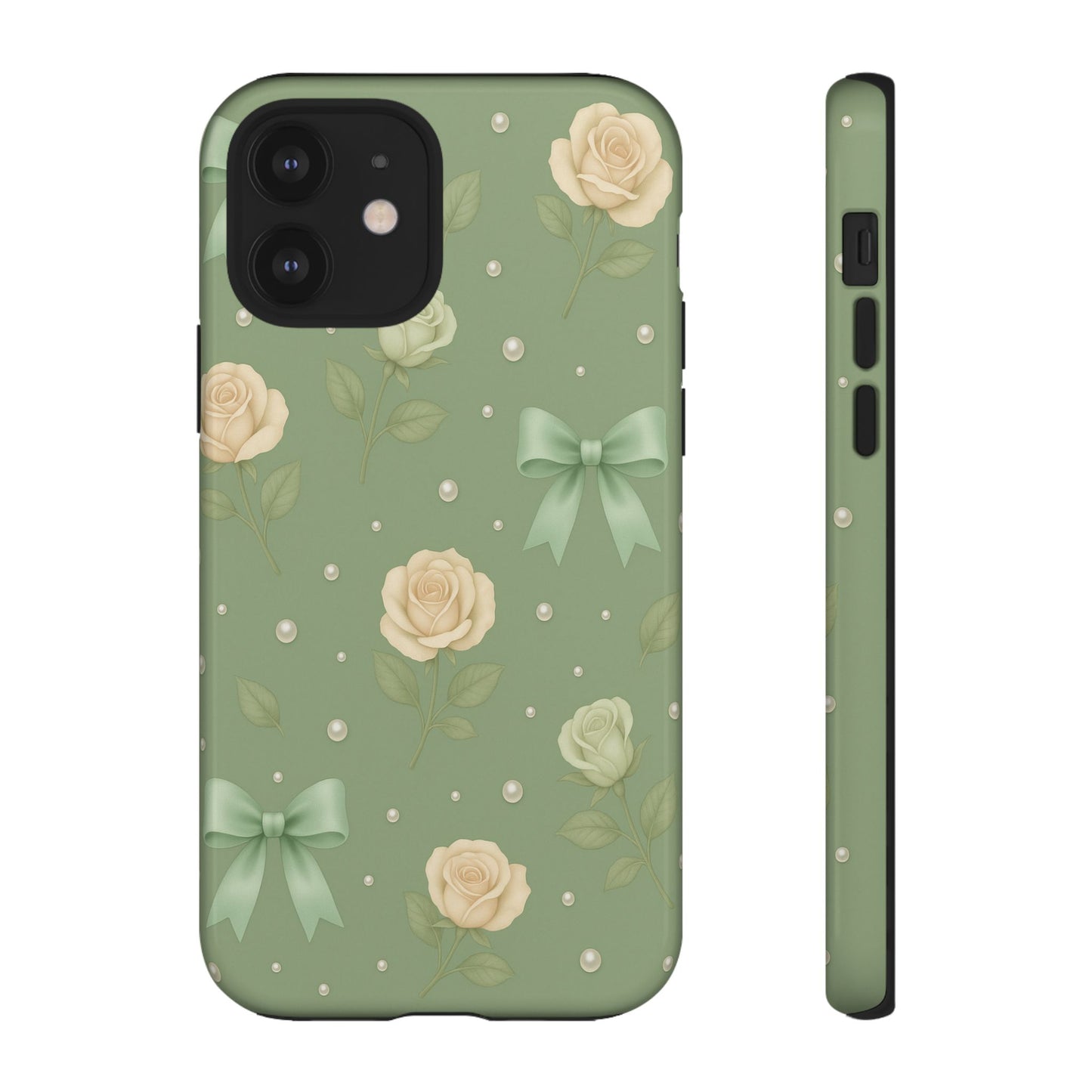 Vintage Rose Bow Phone Case – Sage Green Floral Coquette Aesthetic Tough Case (iPhone, Samsung, Pixel)
