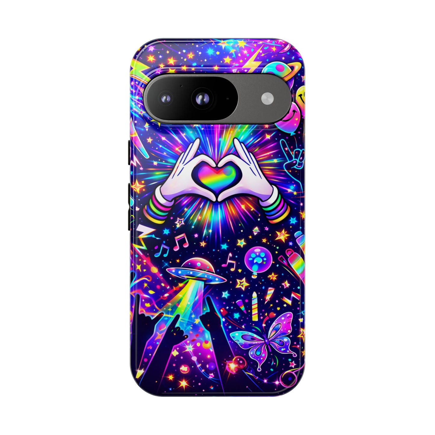 Rainbow Heart Hands Phone Case – Neon Galaxy EDM Festival Tough Cover