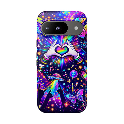 Rainbow Heart Hands Phone Case – Neon Galaxy EDM Festival Tough Cover