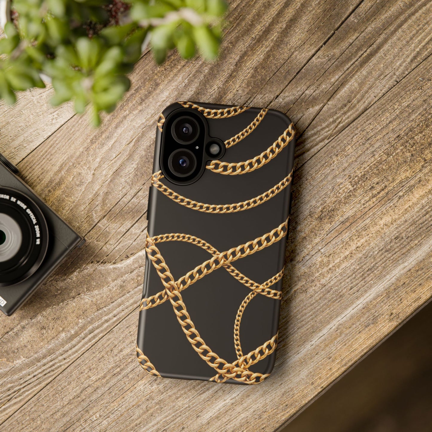 Luxury Gold Chain Phone Case – Black Designer Style Tough Protective Cover for Iphone, Samsung Galaxy and Pixel
