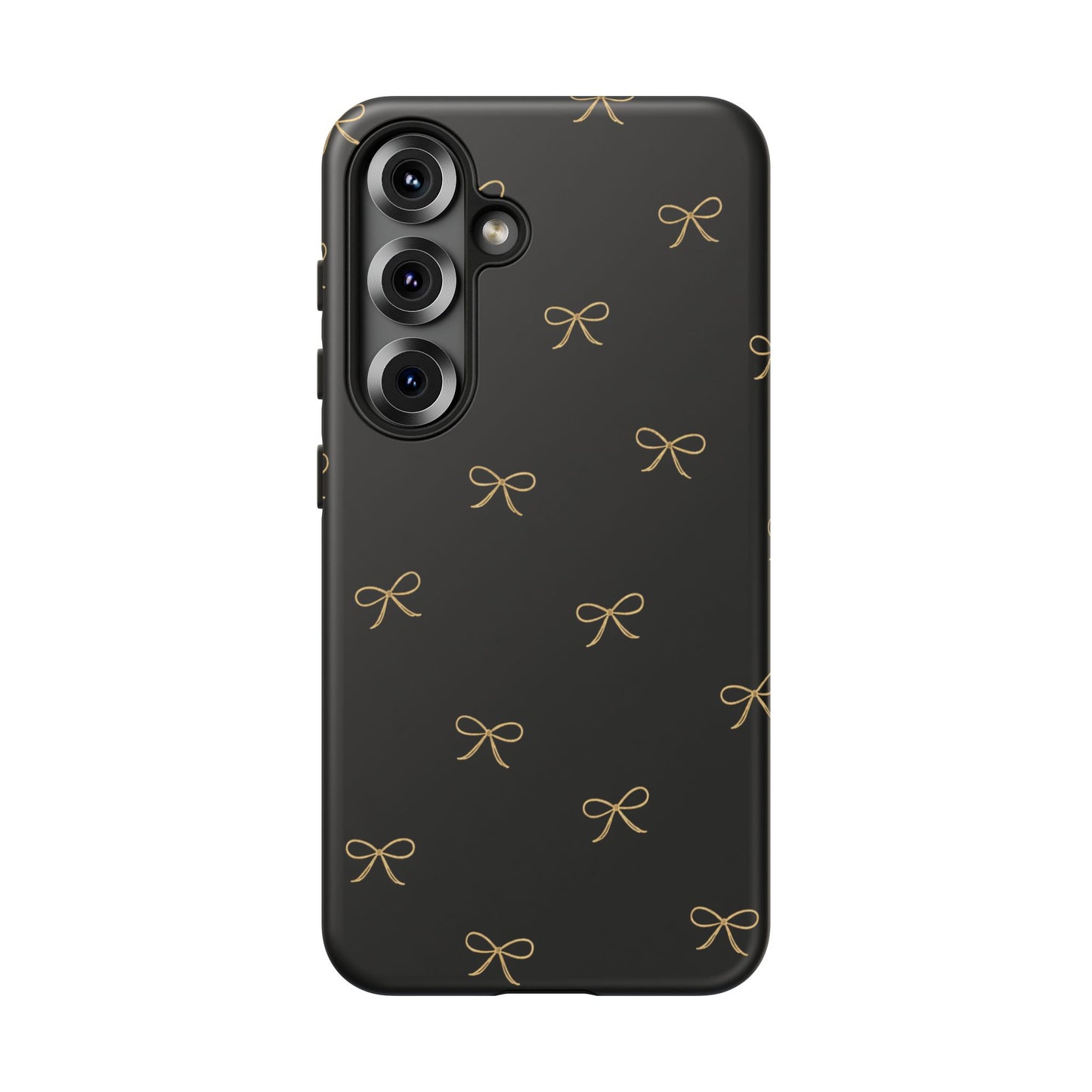 Black Phone Case with Gold Bow Pattern – Slim Protective Cute Aesthetic Cover for Iphone, Samsung Galaxy and Pixel