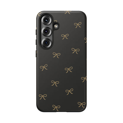 Black Phone Case with Gold Bow Pattern – Slim Protective Cute Aesthetic Cover for Iphone, Samsung Galaxy and Pixel