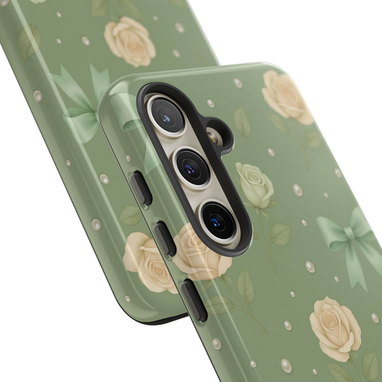 Vintage Rose Bow Phone Case – Sage Green Floral Coquette Aesthetic Tough Case (iPhone, Samsung, Pixel)
